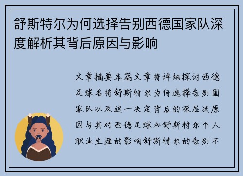 舒斯特尔为何选择告别西德国家队深度解析其背后原因与影响 舒斯特尔为何选择告别西德国家队深度解析其背后原因与影响