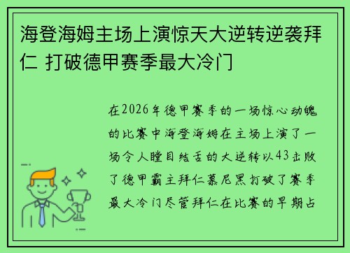 海登海姆主场上演惊天大逆转逆袭拜仁 打破德甲赛季最大冷门