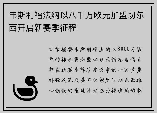 韦斯利福法纳以八千万欧元加盟切尔西开启新赛季征程